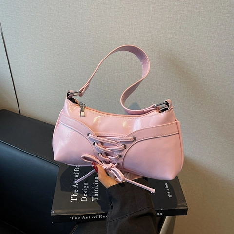 Sac Baguette Femme En Cuir PU Décoration Lacets Nœud Style Rétro Y2K Petit Sac À Épaule Sous Les Aisselles