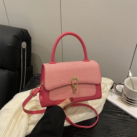 Women Stylish Small Square Bag PU Leather Woven Texture Patchwork Handbag Gold Lock Crossbody Shoulder Bag For Daily Use