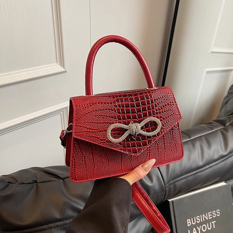 Women Crocodile Pattern PU Leather Shoulder Bag Rhinestone Bowknot Flap Top Handle Crossbody Square Handbag