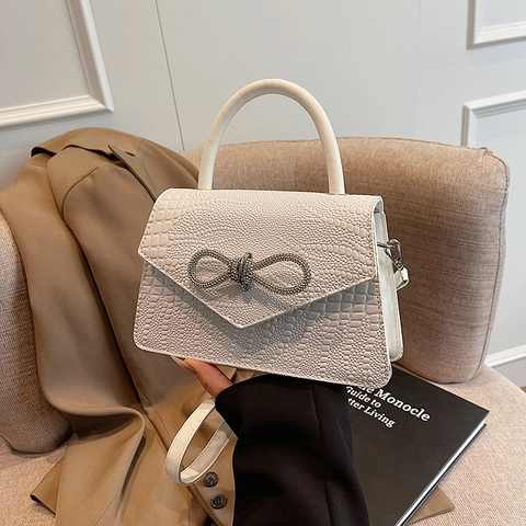 Women Crocodile Pattern PU Leather Shoulder Bag Rhinestone Bowknot Flap Top Handle Crossbody Square Handbag