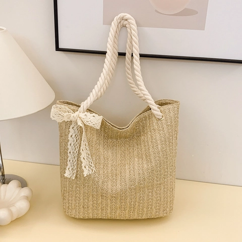 Bolso Tote de Paja Tejido a Mano para Mujer Con Lazo de Encaje Asa de Cuerda de Algodón Bolso de Hombro Tejido de Verano Playa Vacaciones Gran Capacidad