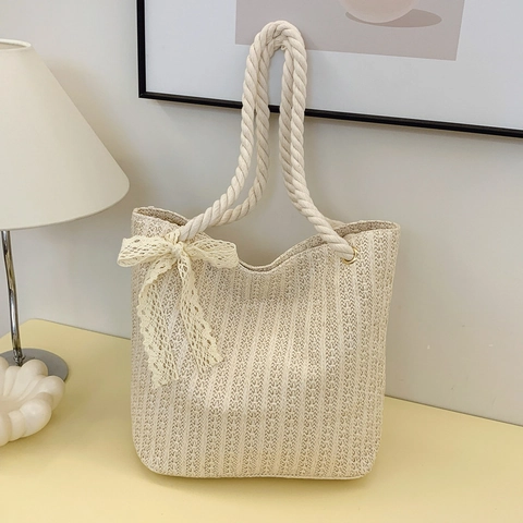 Bolso Tote de Paja Tejido a Mano para Mujer Con Lazo de Encaje Asa de Cuerda de Algodón Bolso de Hombro Tejido de Verano Playa Vacaciones Gran Capacidad