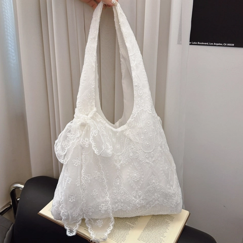 Borsa Tote in Pizzo Bianco Retrò Francese da Donna Ricamo Floreale Grande Capacità Borsa a Tracolla Con Fiocco Borsa da Spiaggia