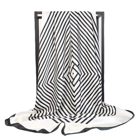 Foulard Carré Satin Imitation Satin Noir Et Blanc Rayé Géométrique Minimaliste Élégant Pour Femmes