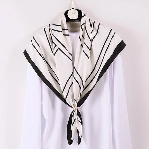 Large Square Satin Scarf Women Black And White Stripe Geometric Print Elegant Hair Wrap Shawl Versatile Retro Accessories