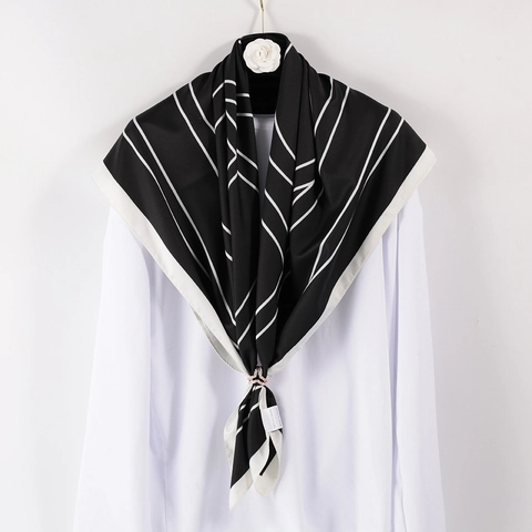 Large Square Satin Scarf Women Black And White Stripe Geometric Print Elegant Hair Wrap Shawl Versatile Retro Accessories