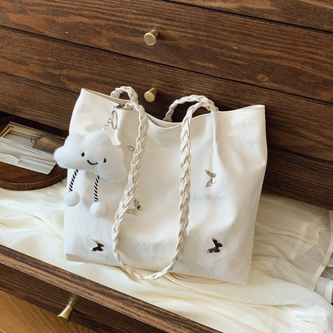 Borsa Tote A Spalla Pelle PU Increspata Farfalla In Metallo Manico Intrecciato Ciondolo Nuvola Chic Donna
