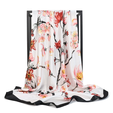 Elegant Floral Print Satin Square Scarf Satin Feel Headscarf Large Fashion Neck Wrap For Women