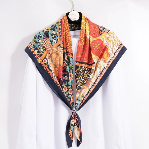 Elegant Printed Square Scarf For Women Vintage Twill Satin Large Hijab Wrap Retro Floral Shawl Headwear