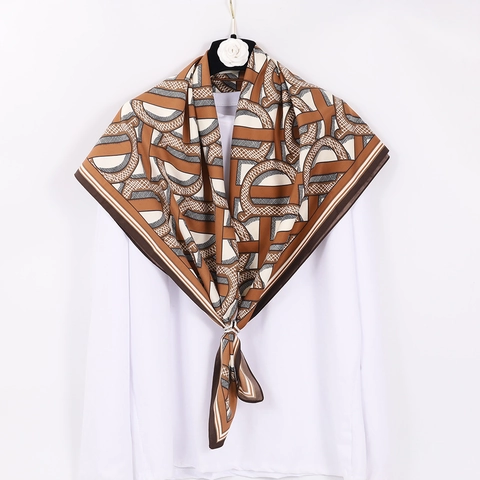 Elegant Square Scarf Twill Satin Polyester Letter Print Geometric Pattern Breathable Shawl Headband For Women