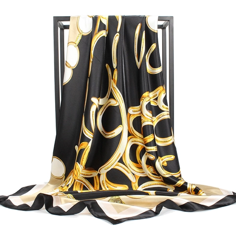 Grande Sciarpa Quadrata In Raso Imitazione Raso Catena Stampa Equestre Bandana Per Donna Retro Elegante Collo