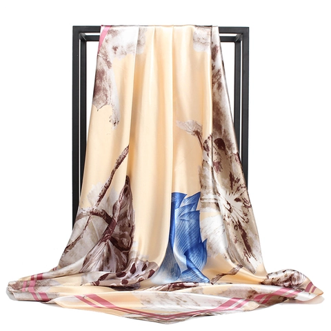 Elegant Chinese Style Satin Scarf Square Bandana Women Silk Feel Lotus Ink Print Decorative Lightweight Head Wrap Shawl