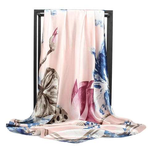 Elegant Chinese Style Satin Scarf Square Bandana Women Silk Feel Lotus Ink Print Decorative Lightweight Head Wrap Shawl