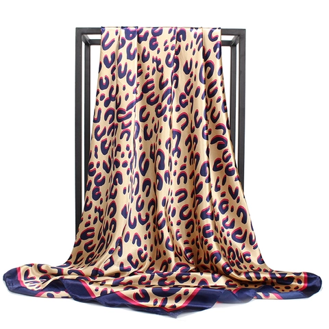 Women Leopard Print Satin Square Scarf Large Animal Pattern Silk Feel Neck Scarf Fashion Bandana Headscarf Shawl Wrap Gift