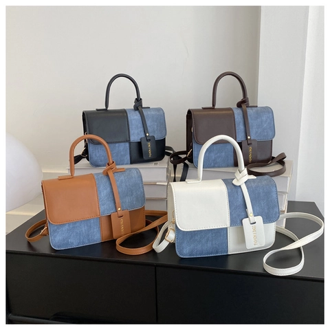 Damen Patchwork Handtasche Denim PU Leder Umhängetasche Mode Quadratische Schultertasche Für Casual Office Damen Täglich