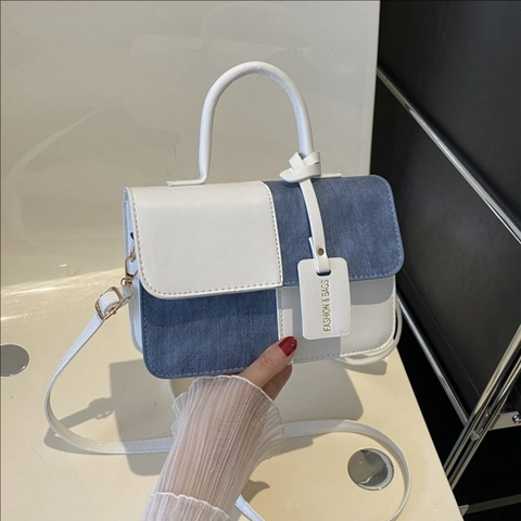 Borsa Piccola Quadrata Da Donna Patchwork Pelle PU E Denim Borsa A Tracolla Con Manico Superiore Patta Borsa Pendolare