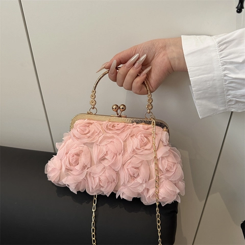 3D Chiffon Bloem Avond Clutch Tas Metalen Handvat Ketting Bruiloft Feest Formeel Elegant Kiss-lock Portemonnee