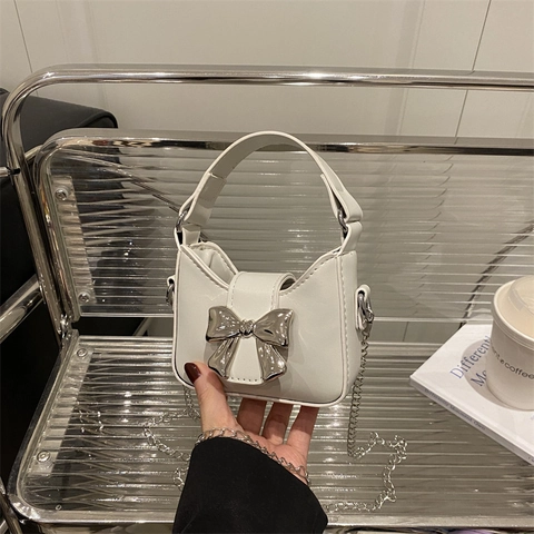 Mini Handbag Shoulder Bag PU Leather Silver Metal Bow Candy Color Fashion Square For Girls Women