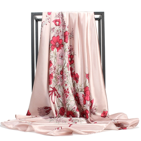 Women's Elegant Floral Printed Satin Square Scarf Silky Tassel Pattern Fashion Neck Scarf Headscarf Accessories Gift