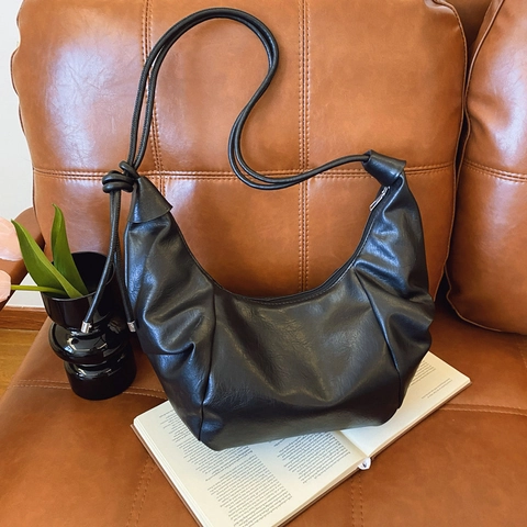 Women Vintage PU Leather Crescent Shoulder Bag With Knotted Strap Pleated Large Capacity Dumpling Hobo Crossbody Bag