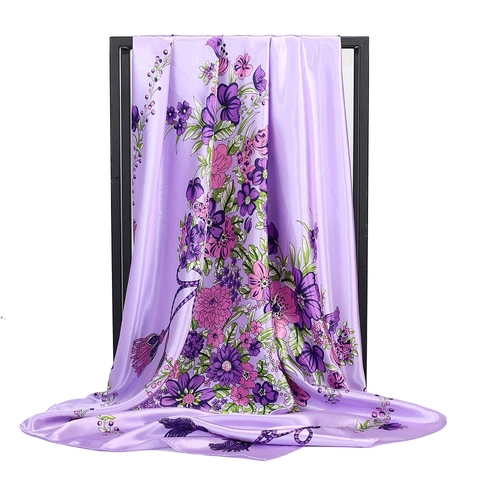 Women's Elegant Floral Printed Satin Square Scarf Silky Tassel Pattern Fashion Neck Scarf Headscarf Accessories Gift