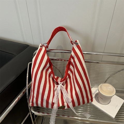 Borsa Tote in Tela a Righe da Donna Con Fiocco di Pizzo Grande Capacità Borsa a Spalla Borsa Sottobraccio Borsa per Pendolari Handbag Shopping Bag