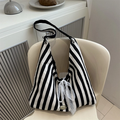 Borsa Tote in Tela a Righe da Donna Con Fiocco di Pizzo Grande Capacità Borsa a Spalla Borsa Sottobraccio Borsa per Pendolari Handbag Shopping Bag