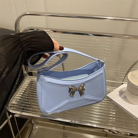 Borsa A Spalla Da Donna Sottobraccio Baguette Pelle PU Decorazione Fiocco In Metallo Cucitura Geometrica Moda Versatile