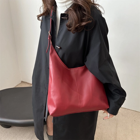 Women Minimalist Large Capacity PU Leather Shoulder Bag Retro Hobo Tote Bag With Adjustable Strap For Daily Commute Work