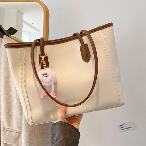 Women Large Capacity PU Leather Tote Bag Contrast Color Trim Commuter Shoulder Bag With Plush Monster Pendant Handbag