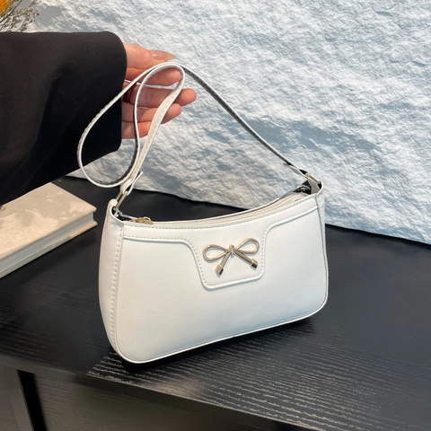 Baguette Shoulder Bag PU Leather Bowknot Decor Solid Color Trendy Armpit Handbag For Women