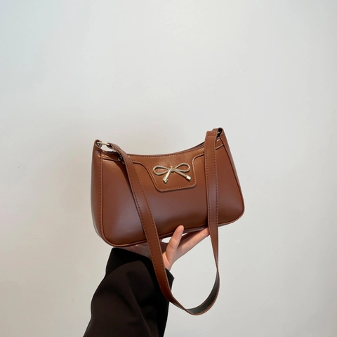 Baguette Shoulder Bag PU Leather Bowknot Decor Solid Color Trendy Armpit Handbag For Women