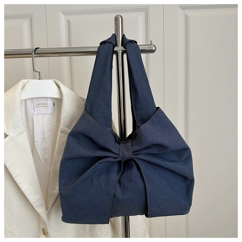 Damen Mode Denim Schultertasche Große Schleife Dekor Tote Bag Casual Street Trend Hohe Kapazität Denim Wasch Handtasche