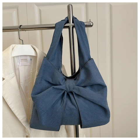Damen Mode Denim Schultertasche Große Schleife Dekor Tote Bag Casual Street Trend Hohe Kapazität Denim Wasch Handtasche