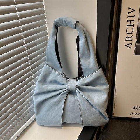 Jeans Schultertasche Mit Großer Schleifendekoration Schicke Minimalistische Lässige Handtasche Für Damen