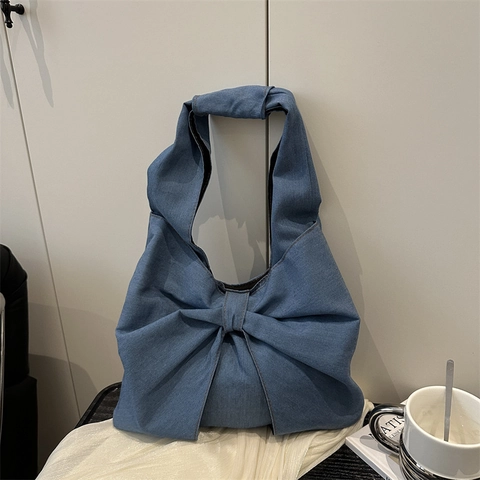 Women Large Capacity Denim Tote Bag Casual Fashion Big Bow Shoulder Handbag Commuting Denim Fabric Daily Use Hobo Bag