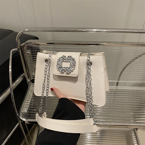Women PU Leather Shoulder Bag Rhinestone Buckle Chain Strap Underarm Flap Bag Fashion Urban Minimalist Accessory
