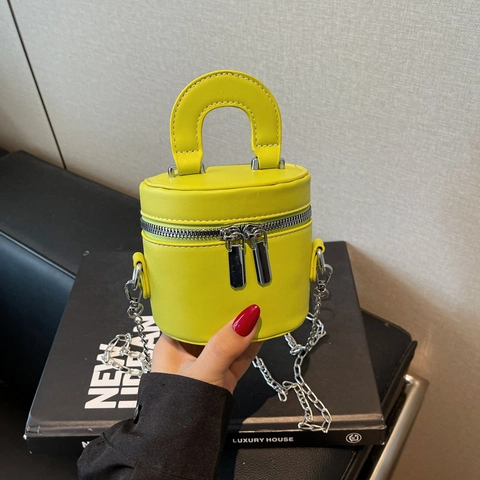 Damen Mini Zylinder Umhängetasche PU Leder Street Style Kontrastnähte Silberne Kette Kleine Schultertasche Täglich Handtasche