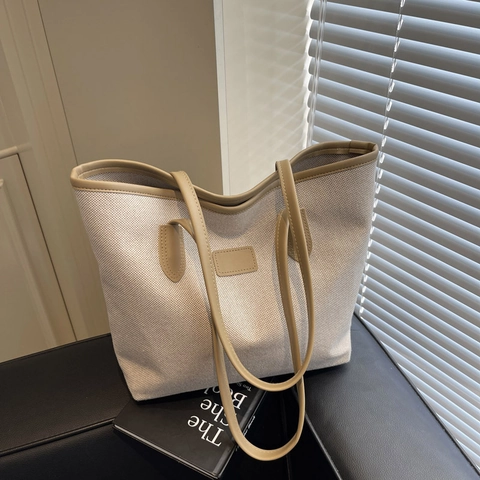 Bolso Tote Minimalista Gran Capacidad Lona Color de Contraste Bolso de Hombro Para Mujer Retro Oficina Viaje Bolso de Mano Con Cremallera