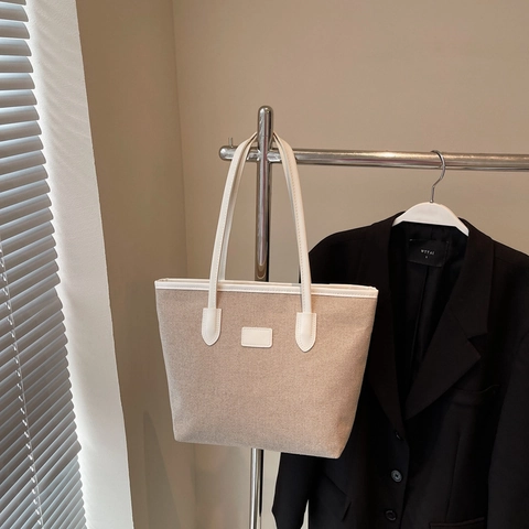 Bolso Tote Minimalista Gran Capacidad Lona Color de Contraste Bolso de Hombro Para Mujer Retro Oficina Viaje Bolso de Mano Con Cremallera