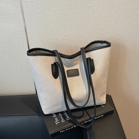 High-End Grote Capaciteit Canvas Tote Bag Voor Dames Minimalistische Woon-werkverkeer Schoudertas Met Leren Afwerking Veelzijdige Handtas