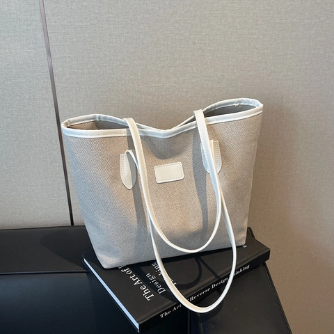 Borsa Tote in Tela di Grande Capacità da Donna Minimalista con Finiture in Pelle PU a Contrasto Borsa a Tracolla Pendolare