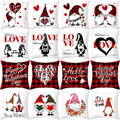 Valentine's Day Gnome Heart Print Pillowcase Buffalo Plaid Peach Skin Decorative Throw Pillow Cover For Living Room Decor