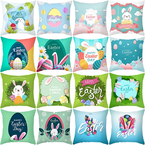 Pasen Kussensloop Perzikhuid Fluweel Cartoon Konijn Ei Print Vierkante Decoratieve Kussenhoes Voor Sofa Home Office Modern
