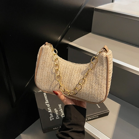 Stroh Gewebte Achseltasche Für Damen Mit Metallkettenriemen Französische Retro Sommer Urlaub Baguette Umhängetasche