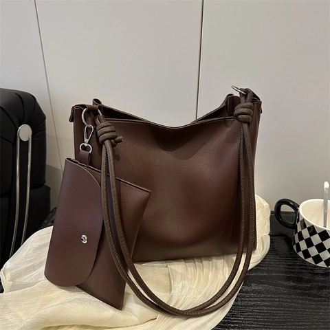 Women Large Capacity PU Leather Tote Bag With Small Pouch Retro Minimalist Shoulder Bag Solid Color Commuter Hobo Handbag