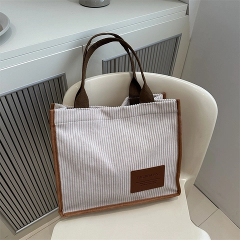 Borsa Tote In Velluto A Coste Grande Capacità Donna Colore A Contrasto Borsa A Spalla Stile Giapponese Semplice Patch