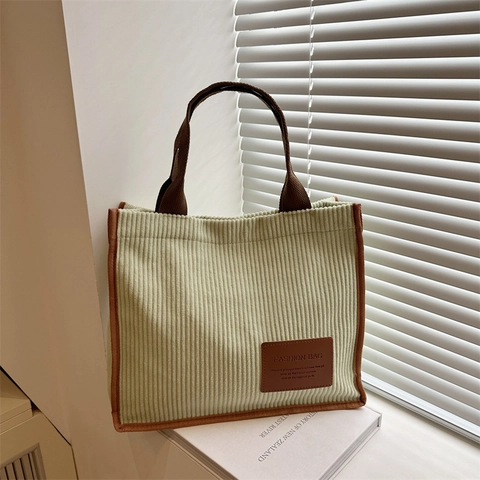 Borsa Tote In Velluto A Coste Grande Capacità Donna Colore A Contrasto Borsa A Spalla Stile Giapponese Semplice Patch