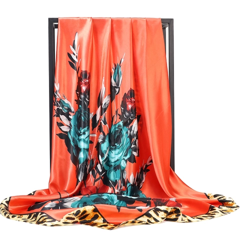 Damen Vintage Satin Satin Wie Groß Quadratisch Schal Leopard Blumen Rose Druck Elegant Tuch Wickel Retro Kopftuch