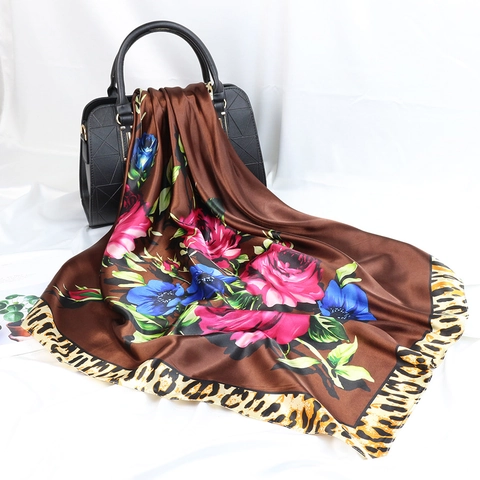 Damen Vintage Satin Satin Wie Groß Quadratisch Schal Leopard Blumen Rose Druck Elegant Tuch Wickel Retro Kopftuch
